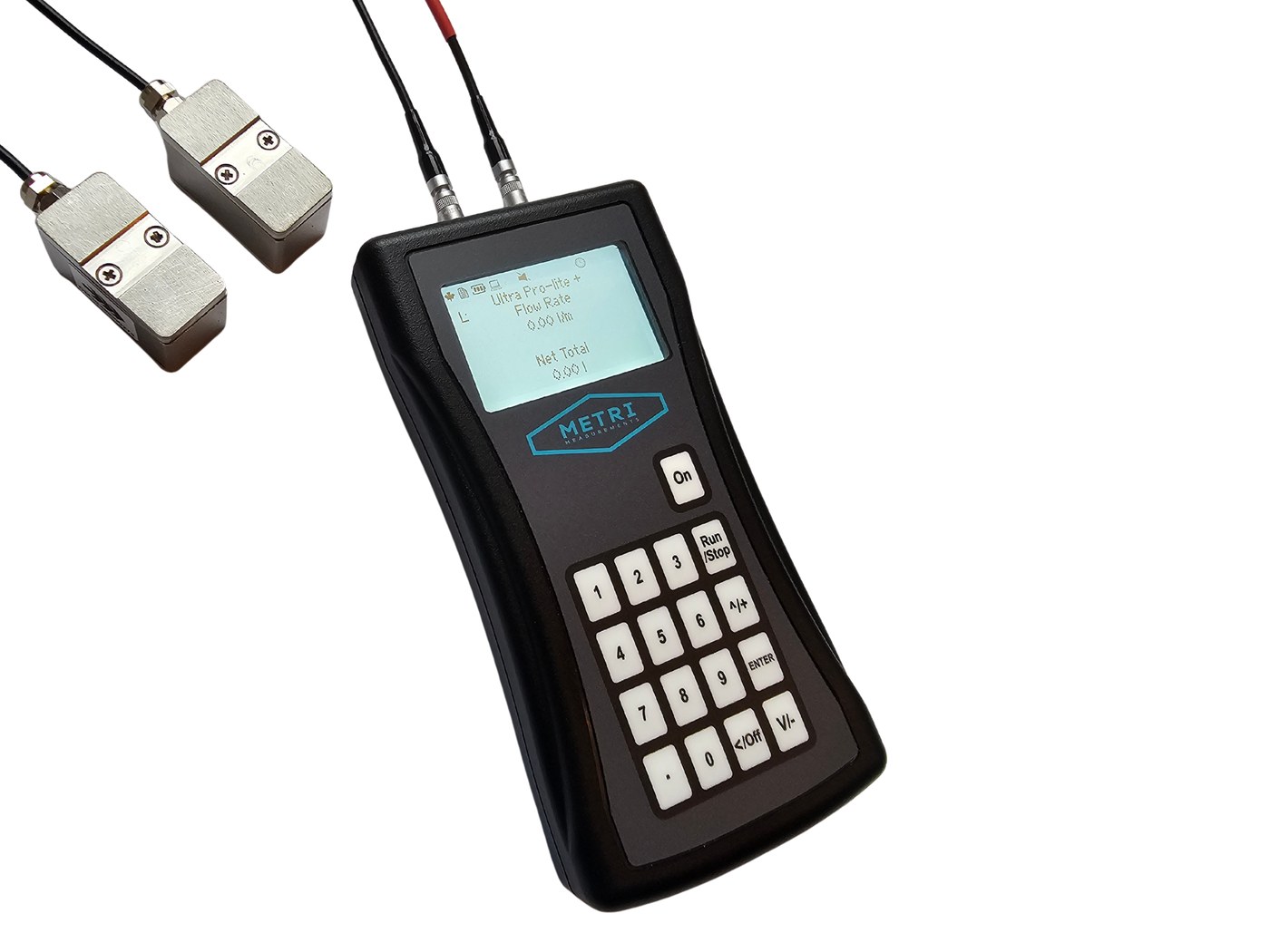 Seztec Ultra ProLite clamp-on flow meter shown with its ultrasonic transducer sensors
