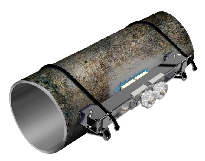 Clamp-on ultrasonic transducers mounted on an old corroded pipe with mounting rail and straps